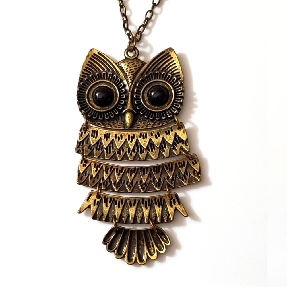 Owl necklace articulated bronze Big Long chain detailed design